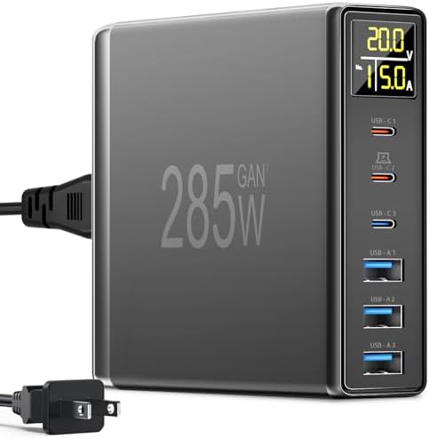 YSYFAD 285 W Ga N Fast Charging Hub – 6-Port USB C & USB A Multiport Charger with Digital LCD Display – Smart Power Station for Mac Book, i Pad, i Phone & Samsung – Ultimate Speed & Efficiency in Sleek Black Design