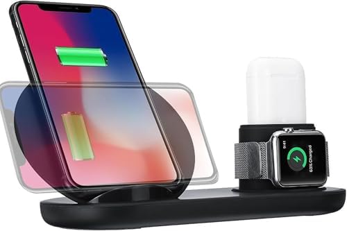 All-in-One 3 in 1 Wireless Charging Station for Samsung Galaxy & Apple i Phones – 7.5 W Fast Charging Dock for Phones, Smartwatches, and Air Pods – Eco-Friendly Design with Enhanced Safety Features – Sleek Black Finish for Modern Spaces