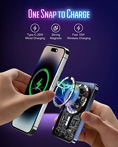 Ultra-Slim 5000 m Ah Magnetic Wireless Power Bank for i Phone 12-16 Series – Transparent Fast Charging Portable Charger with 20 W PD Technology for Effortless On-the-Go Power and Seamless Mag Safe Compatibility
