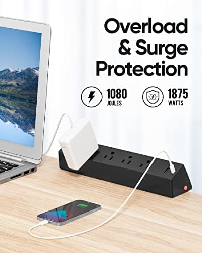 Maximize Your Workspace Efficiency with the Premium Desk Clamp Surge Protector – 10 FT Extension Cord Featuring 4 AC Outlets, 2 USB-A & 2 USB-C Ports for Rapid Charging, Perfect for Home Office and Desk Organization – Enhanced Surge Protection and Compatibility