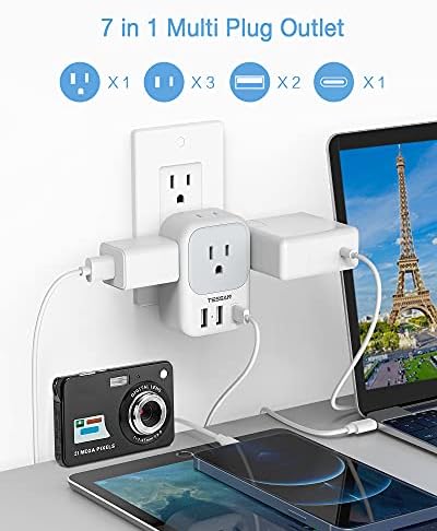 TESSAN 7-Port USB Wall Charger & Outlet Splitter – Versatile 4 AC Outlets and 3 Rapid USB Charging Ports with 2 USB-C Ports – Essential Multi-Plug Expander for Home, Office, Travel, and Dorm Rooms – Sleek Design with Surge Protection for Uninterrupted Power Supply