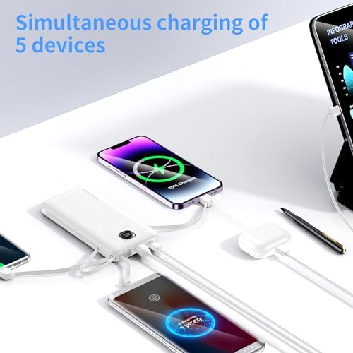 Ultra-Slim 10000 m Ah Fast Charging Power Bank with Built-In Cables & AC Plug – Versatile 5 Output USB-C Portable Charger for i Phones, Samsung, Android & More – Perfect for Travel & On-the-Go Power Solutions