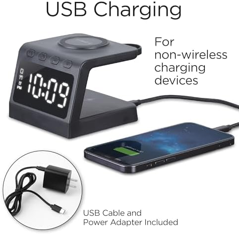 Timex Wireless Charging Alarm Clock with Apple Watch Mount – Fast Charging Station for i Phone and Air Pods – Sleek Black Design for Effortless Bedside Organization and Stylish Functionality