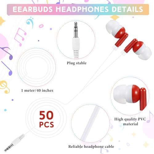 Bulk 50 Pack Red Wired In-Ear Headphones – Individually Bagged Earbuds for Enhanced Sound Quality and Device Compatibility – Perfect for Schools, Events, and Corporate Giveaways