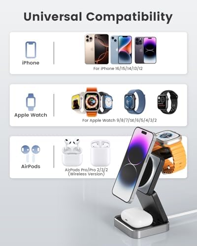 Revolutionary 3-in-1 Wireless Charging Station: 15 W Fast Charger for i Phone, Mag Safe Compatible, Foldable Travel Design for Apple Watch & Air Pods – Ultimate Convenience and Style for Your Nightstand or On-the-Go Power Needs