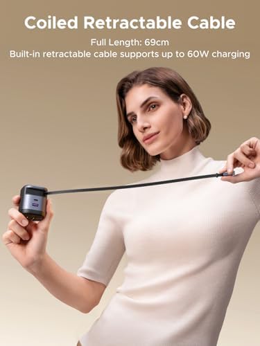 UGREEN 65 W Retractable USB-C Charger Block with Built-in Cable – Dual Port Ga N Fast Charging Solution for i Phone 16/15/14, Galaxy S25/S24, Pixel 9 Pro/8/7, Mac Book Pro/Air, i Pad, and Air Pods – Streamlined Power for All Your Devices
