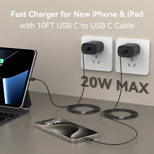 Ultimate 10 FT USB-C Fast Charging Kit for i Phone 16 and 15 – 20 W Power Adapter & Extra Long Cord for Rapid Charging of i Pads and Android Devices – Enhanced Compatibility and Durability for Everyday Use
