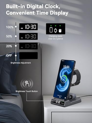 Upgrade Your Charging Experience with the Premium 3-in-1 Wireless Charger Station for Samsung Devices – Ultra-Fast Dock for Galaxy S24 Ultra, S23 Ultra, Z Flip 6, Fold 5, Galaxy Watch 7/6/5 Pro, and Buds – Modern Wood Grain Design with Integrated Clock for Enhanced Organization and Style