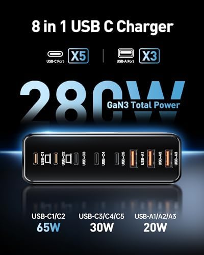 Revolutionize Your Charging Routine with the 280 W Ga N USB-C 8-Port Fast Charging Station – Power Up Laptops, Smartphones & More with PD 65 W Compatibility for Mac Book Pro/Air and Dell – Compact & Lightweight Design Perfect for Home, Office, and Travel – Universal Fast Charger for i Phone, Samsung Galaxy & All USB-C Devices