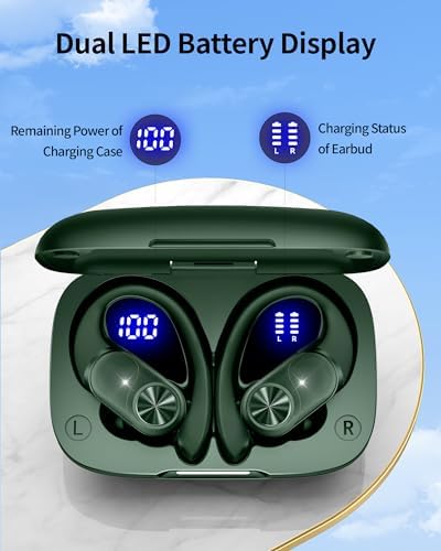 Poc Buds Wireless Bluetooth Earbuds – 80 Hours Playtime, Deep Bass Sound with Digital Display, IPX7 Waterproof Sports Earphones, Ergonomic Earhooks for Secure Fit, Compatible with TV, Phone & Laptop – Stylish Olive Design for Active Lifestyles