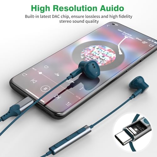 High-Fidelity USB C Wired Earbuds for Samsung and i Phone – Ergonomic Type C Stereo Earphones with Microphone, Volume Control & Magnetic Design for Ultimate Comfort – Enhance Your Audio Experience on Android Devices & i Pads in Sleek Black