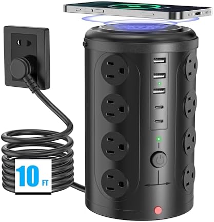 Advanced Surge Protector Power Strip with 15 W Wireless Charging Station – 16 AC Outlets & 5 USB Ports (Including 2 USB-C) for Optimal Home, Office, and Dorm Room Use – 10 FT Cord for Enhanced Flexibility and Speedy Device Charging