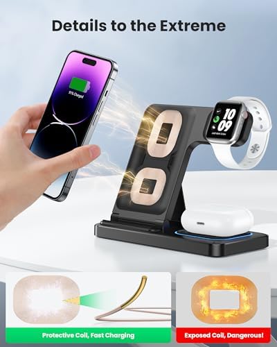 Revolutionary DUMTERR 3-in-1 Fast Wireless Charging Station for i Phone 16/15/14/13/12, Apple Watch Series 10, and Air Pods 4 – Sleek Docking Solution for Effortless Desk and Nightstand Organization, Superior Safety Features, and Rapid Charging Efficiency for All Your Apple Devices
