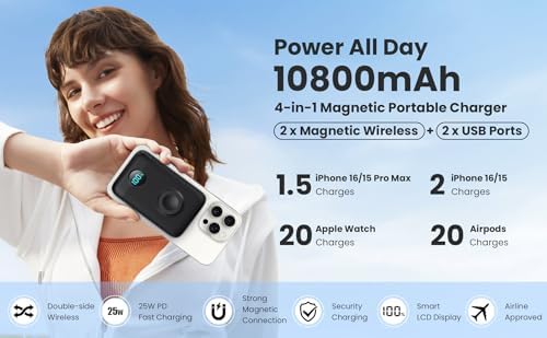 Revolutionary 4-in-1 Magnetic Power Bank – 10,800 m Ah Wireless Charger for i Phone 16/15/14/13/12 & Apple Watch – Compact & Lightweight Design with LCD Display – 25 W Ultra-Fast Charging for Up to 4 Devices – Seamless Compatibility with Mag Safe, Air Pods, and Android Devices – Enhanced Safety Features with Multi-Protection – Ideal for On-the-Go Power Management and Versatile Charging Solutions