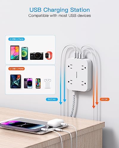 HANYCONY 10 Ft Ultra Thin Flat Extension Cord with 4 AC Outlets & 4 USB Ports (2 USB-C) – Wall-Mountable Power Strip & Desk Charging Station for Seamless Office, Dorm, and Travel Connectivity – Superior Surge Protection & Space-Saving Design