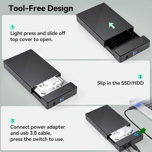 CLAVOOP 3.5-Inch SATA Hard Drive Enclosure – USB 3.0 External Case for Enhanced 20 TB Data Storage & Recovery, Optimal UASP Support for Fast File Transfers, 12 V 24 W Power Adapter Included, Ideal for PS5 and Xbox Compatibility