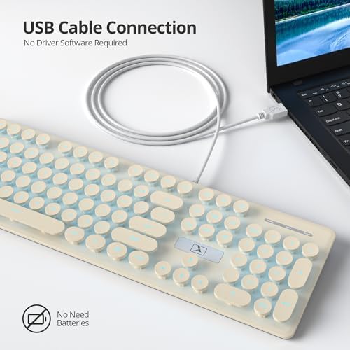 Elevate Your Workspace with the Fogruaden Retro Typewriter Keyboard – Stylish Full-Size USB Design, 104 Round Keys, and White LED Backlighting for Effortless Night Use, Ergonomic & Silent Membrane Keys Perfect for Windows PC and Laptops, Ideal for Writers and Gamers Seeking a Unique Vintage Touch