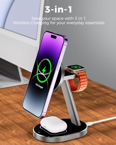 Ultimate 3-in-1 Magnetic Mag-Safe Wireless Charger for i Phone 15, 14, 13, 12 Pro Max, Mini, and Plus – 15 W Fast Charging Station with Aluminum Alloy Stand for Apple Watch & Air Pods – Streamlined Multi-Device Charging Solution with Enhanced Compatibility and Modern Design