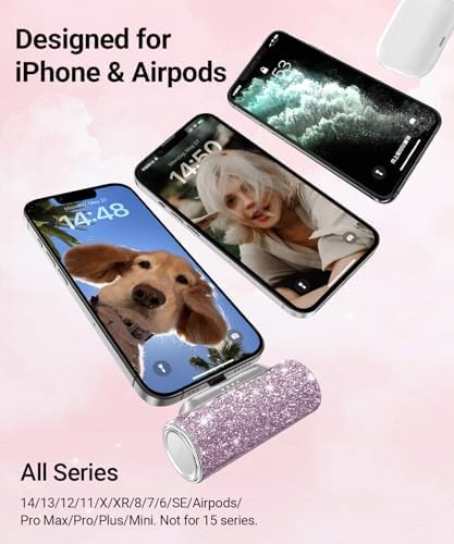 Sleek Shiny Pink Mini Power Bank with Built-in Lightning Connector – 4500 m Ah Compact Charger for i Phone 14/13/12/11/XR/8/SE Series – Stylish Glitter Battery Pack for Effortless On-the-Go Charging and Enhanced Compatibility