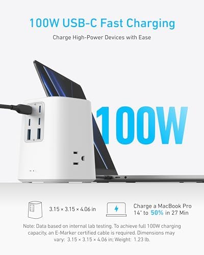 Ultimate 9-in-1 Anker Charging Station (100 W) – High-Speed USB-C Power Strip with 300 J Surge Protection, 3 AC Outlets, 4 USB-C & 2 USB-A Ports, 5 ft Flat Cable for Home & Office – Maximize Device Compatibility and Safety