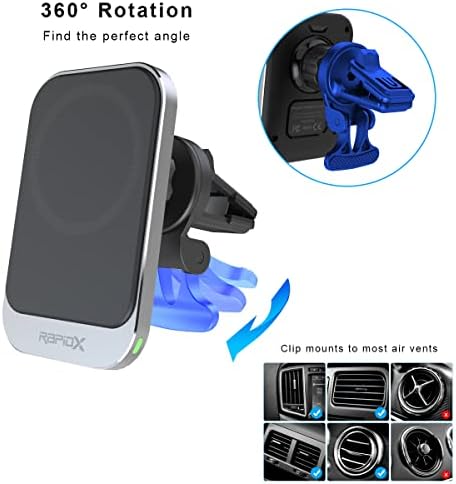 Rapid X Dashio MW1 Magnetic Wireless Charger & Car Vent Mount – 15 W Fast Charging for i Phone 15/14/13/12 & Compatible Android Devices – Effortless Hands-Free Access with Sleek Design & Integrated Safety Features for Ultimate Convenience