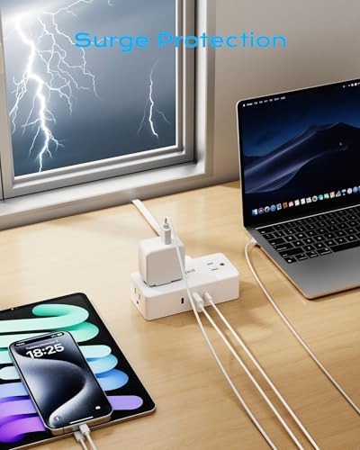 Kakyanill Compact Surge Protector Power Strip with 4 AC Outlets and Dual USB-C Ports – 5 ft Flat Extension Cord for Space-Saving Convenience and 900 Joules Protection – Ideal for Home, Office, and Dorm Room Use – Sleek White Design for Modern Living
