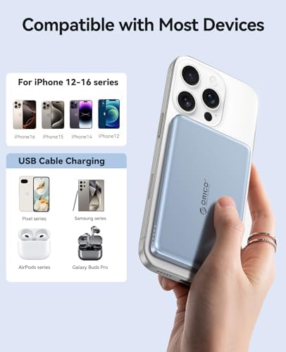 Ultra-Slim ORICO Kada Mag Safe 5000 m Ah Wireless Power Bank – Fast 20 W PD Charging with Type-C Cable – Essential Portable Charger for i Phone 12/13/14/15/16 Pro/Pro Max/Plus/Mini – Lightweight, Durable, and Magnetic Design for Effortless On-the-Go Power Solutions