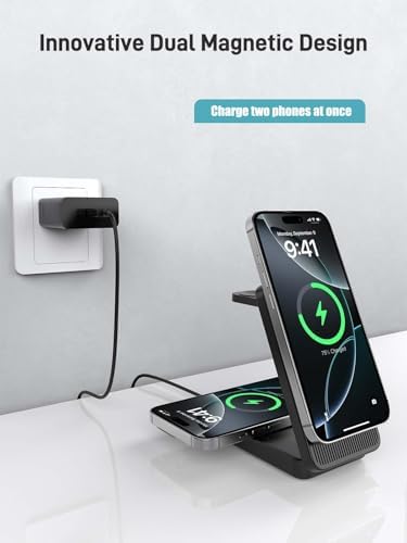Ultimate 3-in-1 Wireless Charging Station for Apple Devices – Dual Mag Safe Charger for i Phone 16 Pro Max/14/13/12, Air Pods, and Apple Watch – Foldable Travel-Friendly Design for Fast Efficiency and Enhanced Compatibility
