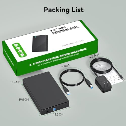 CLAVOOP 3.5-Inch SATA Hard Drive Enclosure – USB 3.0 External Case for Enhanced 20 TB Data Storage & Recovery, Optimal UASP Support for Fast File Transfers, 12 V 24 W Power Adapter Included, Ideal for PS5 and Xbox Compatibility