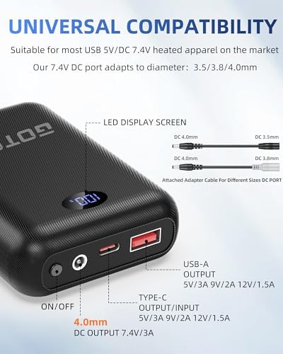 Rechargeable Heated Vest Battery Pack with LED Display for ORORO & Venustas – Versatile Power Bank for Heated Apparel, Includes Dual Adapter Cables for Enhanced Compatibility and Performance, Ideal for Outdoor Activities and Cold Weather Use