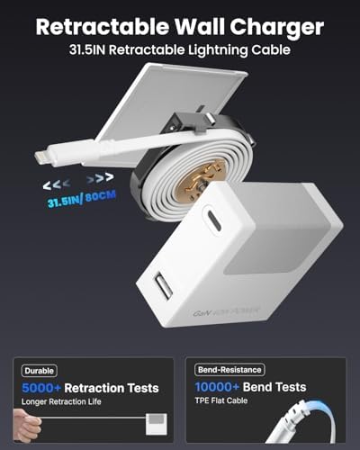 Revolutionary 40 W Fast Charging Portable USB Phone Charger Block with Retractable 31.5-inch Lightning Cable – Compact Wall Adapter with USB-C Port and Foldable Plug for i Phone 14/13/12, Perfect for Travel and Everyday Use