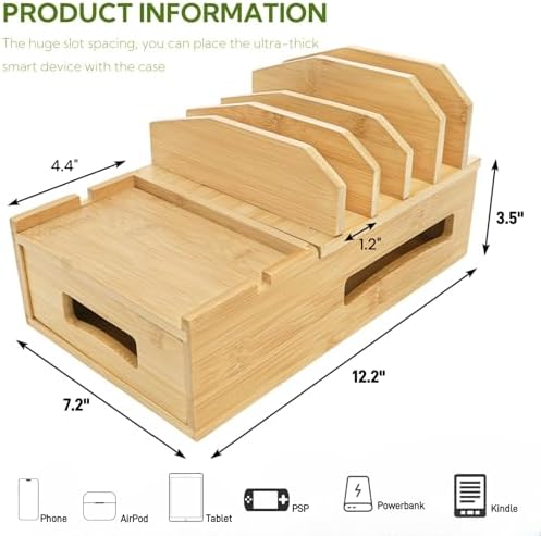 ZOOFOX Eco-Friendly Bamboo Multi-Device Charging Station – Sleek Desk Dock for Smartphones, Tablets, and Laptops with Customizable Dividers and Storage Drawer for Ultimate Cable Management and Fast Charging Solutions