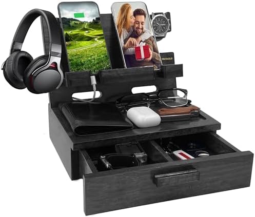 Gifts for Men Women Husband Son Boyfriend Him Nightstand Organizer Wood Phone Docking Station Birthday Gifts (Walnut) – Enhanced Compatibility and Speed