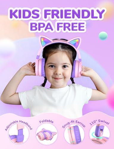 i Clever Kids Bluetooth Headphones with Illuminated Cat Ears – 60-Hour Battery Life, Rapid USB-C Charging, Adjustable Safe Volume Control (74/85 d B) for Toddlers – Ideal for i Pads, Tablets, and Travel in Fun Meow Cookies-Purple – Stylish, Safe, and Resilient for Young Audiophiles