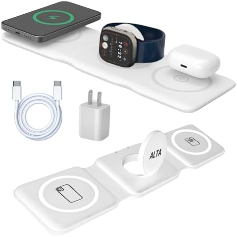 Magnetic 3-in-1 Wireless Charging Station for i Phone, Apple Watch & Air Pods – Fast Charging Dock with 20 W Adapter, Foldable Design for Travel & Home Use, Ultimate Compatibility for All i Phone Models – Enhance Productivity & Reduce Clutter