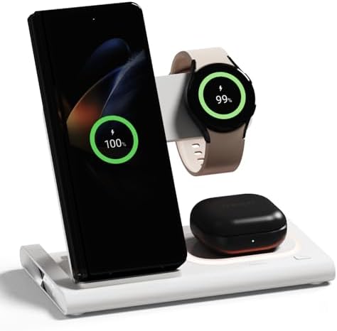 Mooas 3-in-1 Fast Wireless Charging Station with Nightlight – 15 W Multi-Device Charger for i Phone 15/14/13/12/11/XR/XS/8, Samsung Galaxy S24/23/22/21, Air Pods & Apple Watch – Sleek, Space-Saving Design for Enhanced Compatibility and Convenience