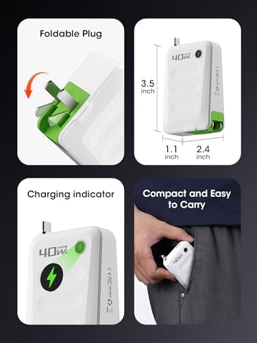 Compact 40 W Retractable USB-C Fast Charger Block – Dual-Port Power Adapter for i Phone 16/15, Galaxy, and Pixel Devices – Ultimate Travel Companion with Foldable Plug for Efficient Charging on the Go