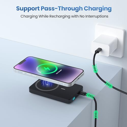 Ultra-Slim Magnetic Portable Charger 10800 m Ah Power Bank with LCD Display – Fast 20 W PD USB-C Input/Output, Wireless Charging for Mag Safe-Compatible i Phones Including 16/15/14/13 Series – Lightweight Travel Essential for On-the-Go Power