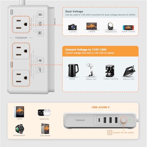 TESSAN 220 V to 110 V Universal Voltage Converter – All-in-One Global Travel Adapter with 4 USB Ports Including Rapid USB-C and 3 AC Outputs for Worldwide Device Compatibility – Compact and Durable Power Transformer for Effortless International Charging