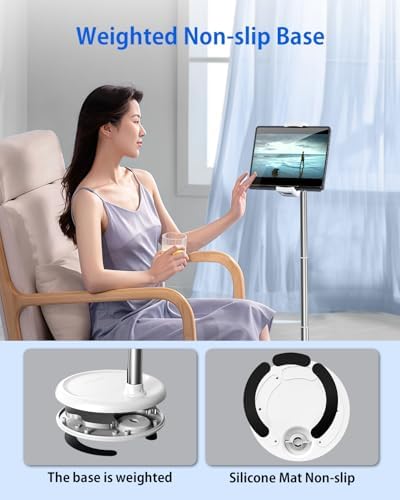 Versatile Adjustable Tablet Floor Stand Holder: 360° Rotatable Design for All Devices (4″-12.9″) – Height Adjustable (12-34.6 inches) with Sturdy Base – Ideal for i Pad, i Phone, Kindle, Switch – Sleek White Finish for Modern Home or Office Use – Enhance Your Productivity and Entertainment Experience
