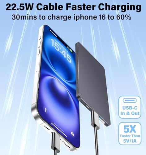 Compact 5000 m Ah Mag Safe Battery Pack Mini: 22.5 W Fast Charging Wireless Power Bank with Magnetic Alignment for i Phone 16/15/14/13/12 Plus/Pro/Pro Max – Sleek and Portable USB-C Charger for On-the-Go Power Solutions