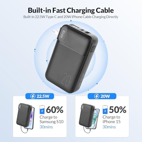 High-Capacity 20000 m Ah Portable Charger with Built-in Cables & Fast 22.5 W Charging – Multi-Device Travel Power Bank with LED Display, 4 Outputs for i Phone 16/15/14/13, Samsung, Android, i Pad – Ultimate Convenience in Sleek Black