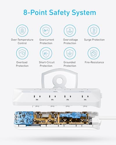 Anker 12-in-1 Flat Plug Power Strip – Ultimate USB-C Charging Station with 8 AC Outlets, 2 USB-C, 2 USB-A Ports, 5 ft Extension Cord, Slim Design for Home & Office, 900 J Surge Protection, Fast 35 W Output for Enhanced Device Safety and Efficiency