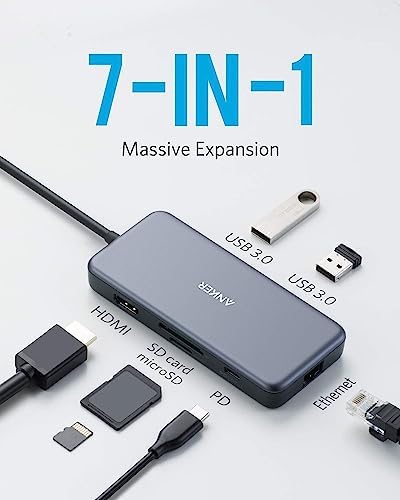 Anker 7-in-1 USB C Hub Adapter – Ultimate Connectivity Solution with 4 K HDMI, 60 W Power Delivery, Gigabit Ethernet, Dual USB 3.0 Ports, and SD/micro SD Readers for Mac Book Pro and More – High-Speed, Durable, and Efficient Accessory for Modern Laptops