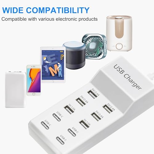 10-Port USB Charging Station – Fast Charging Dock with 6 USB-A & 4 USB-C Ports for Phones, Tablets, and Smartwatches – Sleek White Multi-Device Charger for Home and Office Efficiency