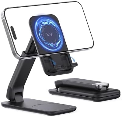i WALK Adjustable Magnetic Phone Stand for Desk – Versatile Height and Angle Customization, Foldable Design for i Phone 16, 15, 14, 13, 12 Pro Max & Samsung Galaxy – Ergonomic Viewing Comfort, Sleek Black Finish for Modern Workspaces