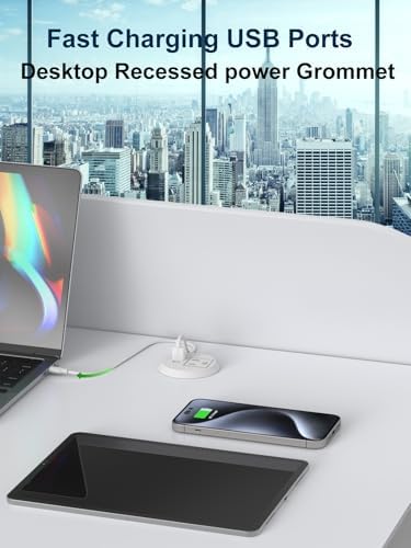 Recessed Desktop Power Grommet with PD 20 W Fast Charging USB-C and QC3.0 USB-A Ports – ETL Certified 2-Inch Outlet for Office, Home, Nightstand, and Kitchen with 6 ft Extension Cord (Black) – Streamlined Charging Solution to Minimize Clutter and Maximize Efficiency