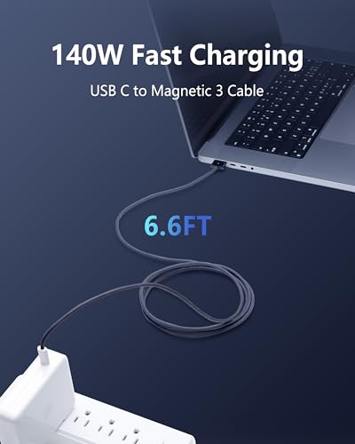 Zeit Nah 140 W USB-C to Magnetic 3 Charging Cable for Mac Book Pro & Air – 2 m Length for Rapid Power Delivery, Enhanced Durability, and Ultimate Convenience in Charging Solutions