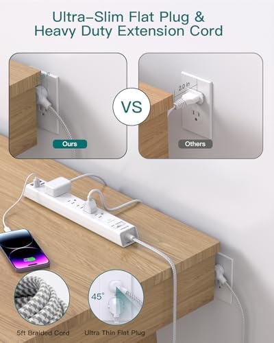 6 Ft Surge Protector Power Strip with 5 AC Outlets & 2 USB-C Ports – Space-Saving Flat Extension Cord for College Dorms & Home Office – Reliable Desktop Charging Station in Sleek White Design – Enhanced Surge Protection for Optimal Device Safety