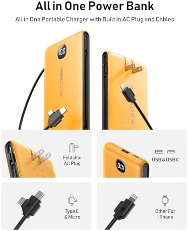 Ultimate Travel Power Bank with Built-in Cables and Wall Plug – 10,000 m Ah Fast Charging Battery Pack for i Phone 16/15/14/13 & i Pad – Sleek Yellow Design for Maximum Compatibility and Convenience